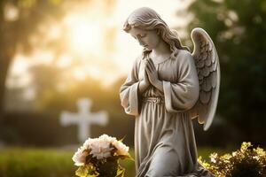 anjo estátua com branco rosas dentro a cemitério.religioso fundo ai gerado foto