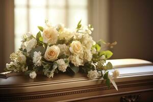 branco caixão com flores a conceito do funeral. ai gerado foto