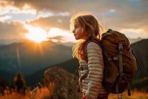 pequeno menina com mochila caminhada em montanha pico às pôr do sol, viagem e aventura conceito ai gerado foto