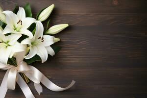 branco lírio flores em de madeira fundo. topo Visão com cópia de espaço.funeral conceito ai gerado foto