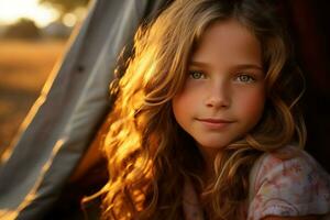 retrato do fofa pequeno menina às Câmera enquanto em pé perto acampamento barraca às pôr do sol ai gerado foto