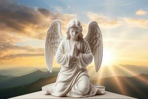 anjo estátua com nascer do sol dentro a fundo, religião e espiritualidade conceito. ai gerado foto