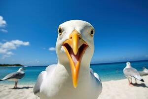 uma gaivota fechar acima dentro a azul céu às a praia.ai generativo foto