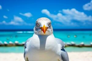 uma gaivota fechar acima dentro a azul céu às a praia.ai generativo foto