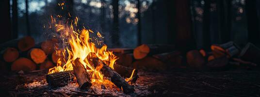 fogueira dentro a floresta às noite. acampamento e viagem conceito. generativo ai foto