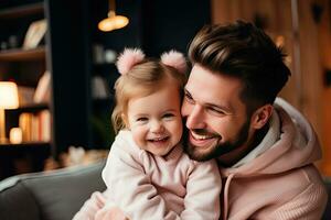 sorridente e feliz pai e filha gastos a final de semana dentro uma caloroso lar. generativo ai foto