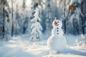 uma amigáveis boneco de neve sorridente dentro uma calma inverno paisagem.ai generativo foto