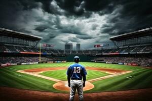 uma beisebol jogador dentro uma grande estádio.ai generativo foto