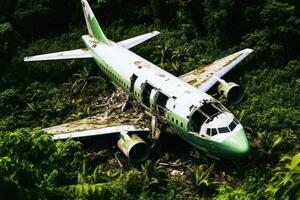 uma encalhado aeronave dentro a selva.ai generativo foto