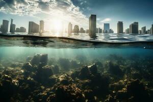 uma grande cidade afundado dentro a água do a oceano.ai generativo foto