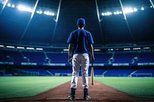 uma beisebol jogador dentro uma grande estádio.ai generativo foto