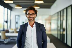 uma sorridente o negócio pessoa dentro uma brilhante office.ai generativo foto