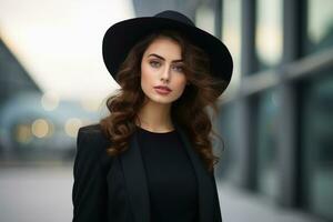 uma jovem mulher vestindo uma à moda chapéu. ai generativo foto