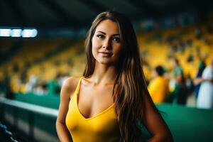 uma muito atraente mulher Como futebol ventilador dentro uma estádio.ai generativo foto