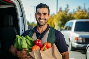 uma jovem homem carrega uma compras saco cheio do frutas e legumes. Comida Entrega serviço. generativo ai foto