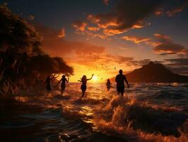 silhueta do grupo do amigos pulando em a praia, dentro a água, às pôr do sol. ai gerado foto