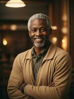 retrato do uma sorridente Preto africano americano homem, vestindo uma bege Jaqueta sobre uma Sombrio camisa, em pé dentro frente do uma restaurante - ai generativo foto