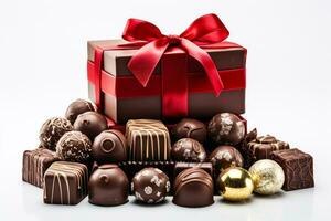 macro fotografia do chocolate presente caixas com Natal temático coberturas isolado em uma branco fundo foto