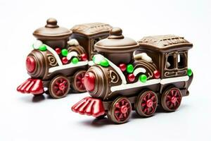 fechar acima do detalhado chocolate Natal trens com doce acentos isolado em uma branco fundo foto