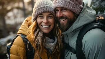 encantador casal entusiasticamente capturando inverno animais selvagens imagens dentro uma gelado nacional parque foto