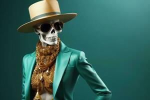 elegante humano fêmea esqueleto dentro à moda dourado esmeralda roupas, óculos e uma chapéu dentro na moda cor combinações. fechar acima. com cópia de espaço. glamouroso esqueleto modelo ai gerado foto