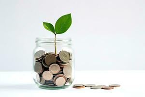 plantar crescendo Fora do moedas dentro vidro jarra em branco fundo. salvando dinheiro conceito. generativo ai foto