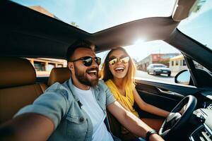 transporte, estrada viagem, tecnologia e pessoas conceito - sorridente casal dirigindo dentro carro, viagem conceito. generativo ai foto