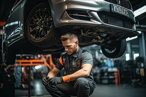 seletivo foco do bonito auto mecânico dentro uniforme reparação carro dentro auto reparar fazer compras. generativo ai foto