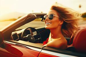 verão feriados, férias, estrada viagem e pessoas conceito - sorridente jovem mulher dirigindo conversível carro. generativo ai foto