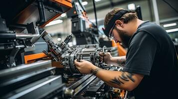 carro mecânico trabalhando dentro auto reparar fazer compras. auto serviço indústria. automotivo fabricação. generativo ai foto