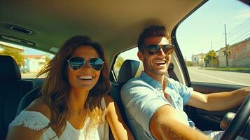 transporte, estrada viagem, tecnologia e pessoas conceito - sorridente casal dirigindo dentro carro, viagem conceito. generativo uma foto