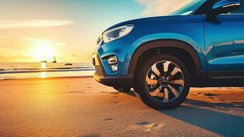 carro em a de praia às pôr do sol. conceito do viagem e período de férias. generativo ai foto