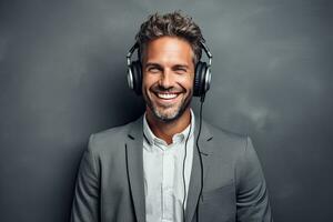 sorridente homem de negocios ouvindo para música dentro fones de ouvido. masculino beleza, moda. generativo ai foto