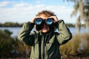 pequeno Garoto olhando através binóculos dentro a parque. criança explorando natureza. generativo ai foto