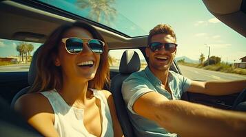 transporte, estrada viagem, tecnologia e pessoas conceito - sorridente casal dirigindo dentro carro, viagem conceito. generativo uma foto