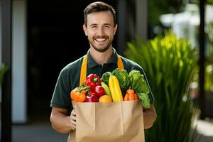 uma jovem homem carrega uma compras saco cheio do frutas e legumes. Comida Entrega serviço. generativo ai foto