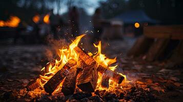 fogueira dentro a floresta às noite. acampamento e viagem conceito. generativo ai foto