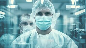 conceptual do médico trabalhadores dentro protetora roupas e máscaras trabalhando dentro moderno hospital. Duplo exposição. generativo ai foto