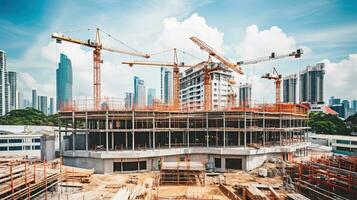 construção local com guindastes e construção debaixo construção, panorâmico visualizar. generativo ai foto