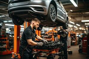 seletivo foco do bonito auto mecânico dentro uniforme reparação carro dentro auto reparar fazer compras. generativo ai foto