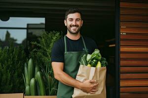 uma jovem homem carrega uma compras saco cheio do frutas e legumes. Comida Entrega serviço. generativo ai foto