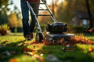 homem roçada a gramado com uma gramado cortador de grama dentro a jardim. jardinagem conceito. generativo ai foto