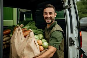 uma jovem homem carrega uma compras saco cheio do frutas e legumes. Comida Entrega serviço. generativo ai foto