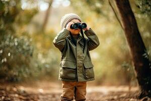 pequeno Garoto olhando através binóculos dentro a parque. criança explorando natureza. generativo ai foto