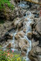 uma cascata fluindo através uma rochoso área com flores foto