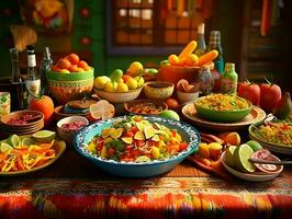 colorida brilhante mesa com grande quantidade do Comida. alta resolução. ai generativo foto