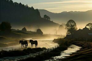 enevoado manhã dentro montanhas. Alto qualidade. ai generativo foto