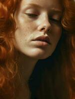 fechar-se foto do uma depressivo vermelho cabelo mulher com minimalismo. alta resoluçãoalta resolução. ai generativo