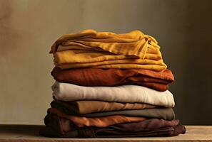 uma pilha do diferente colori laranja, amarelo e Castanho algodão tecidos. ai gerado foto