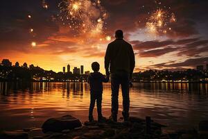 silhueta do pai e filho com fogos de artifício em a fundo do a cidade. costas Visão do pai e filho olhando às fogos de artifício em noite cidade fundo. ai gerado foto